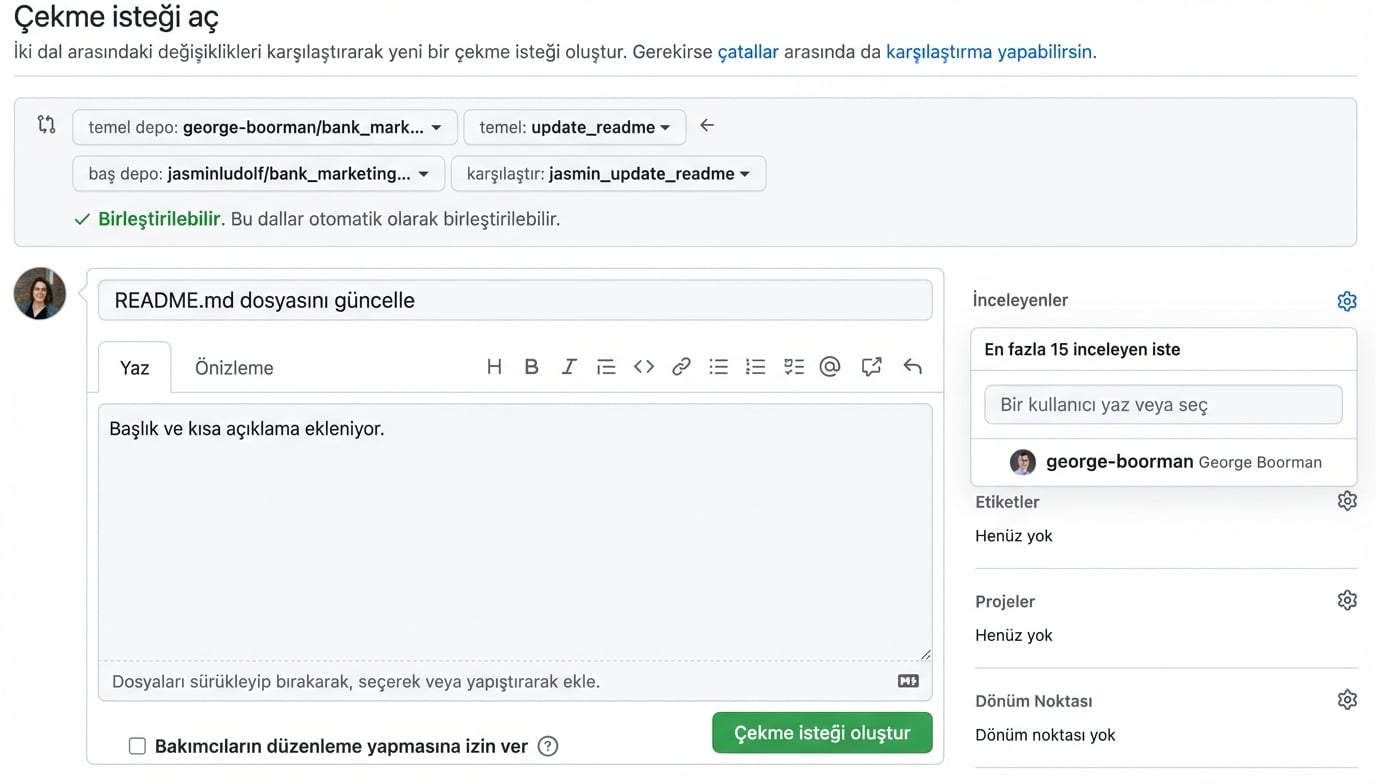 Gözden geçiren bölümü görünen çekme isteği görünümü