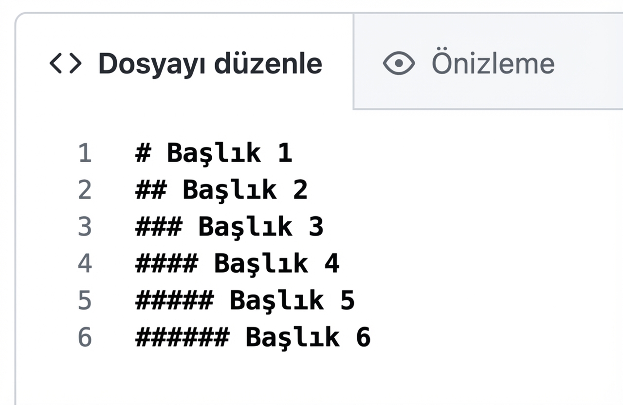 Altı başlık türünün sözdizimini gösteren bir markdown dosyası düzenleme görünümü