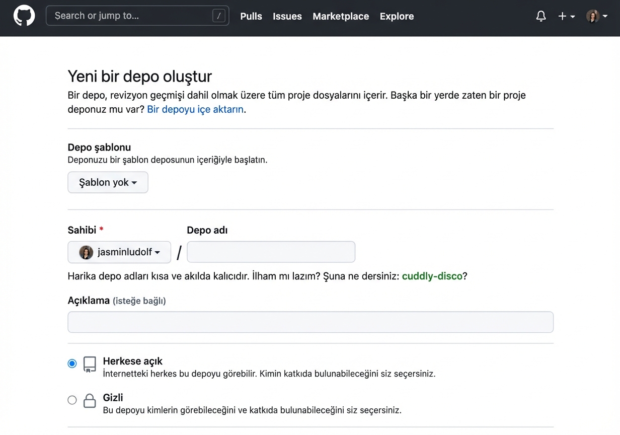 GitHub'da yeni depo oluşturma sayfası görünümü