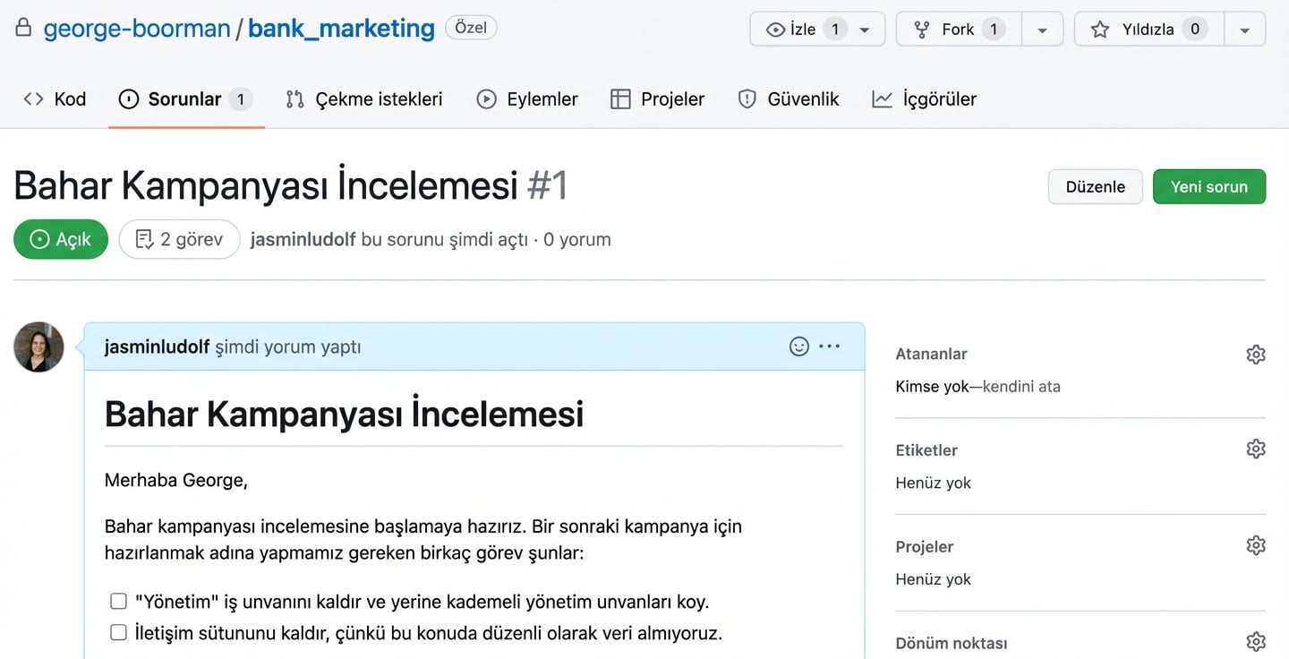Ataması olmayan gönderilmiş bir issue görünümü