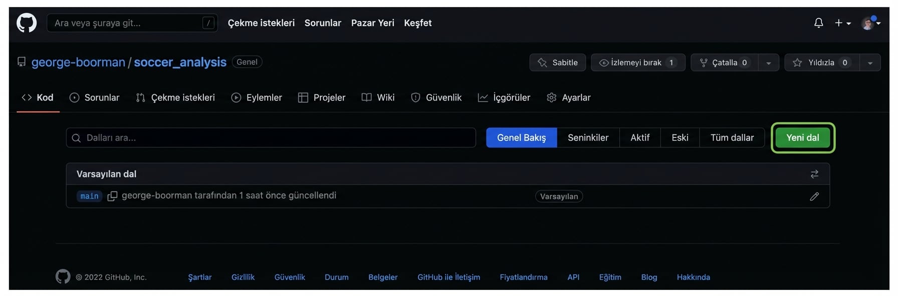 dal listesi, yalnızca main görünüyor. Sağda yeşil Yeni dal düğmesi