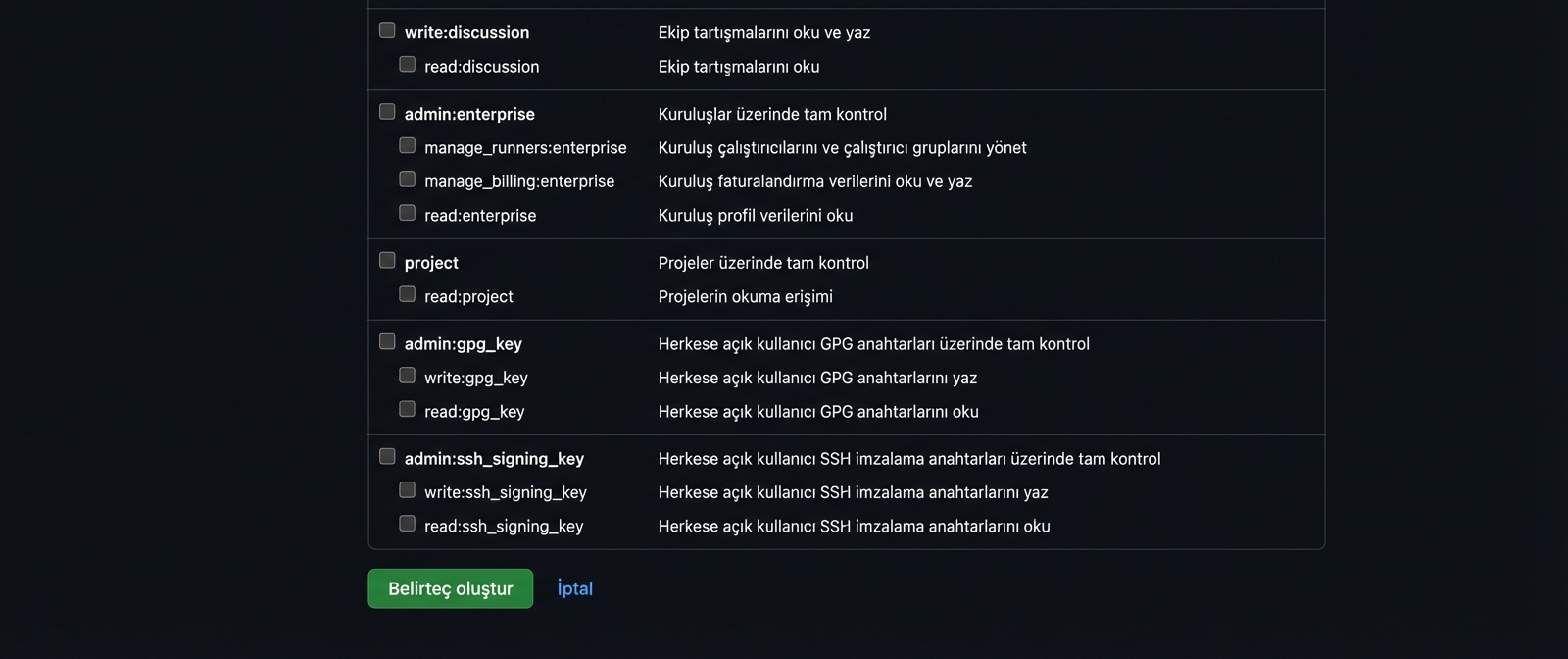 Jeton oluştur düğmesi