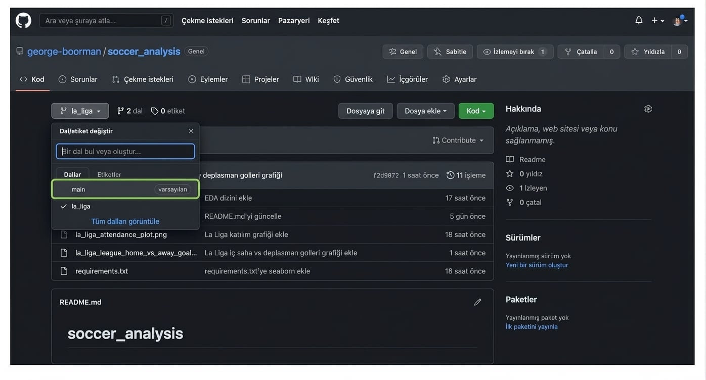 dal açılır menüsünden main seçme
