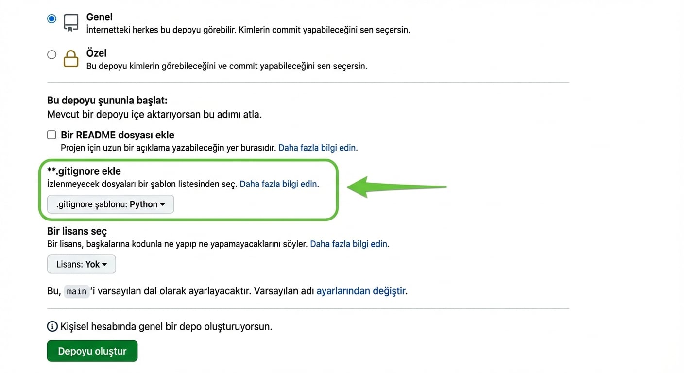 GitHub'da yeni depo oluşturma sayfasında Python şablonu seçili .gitignore seçeneği vurgulanmış görünüm