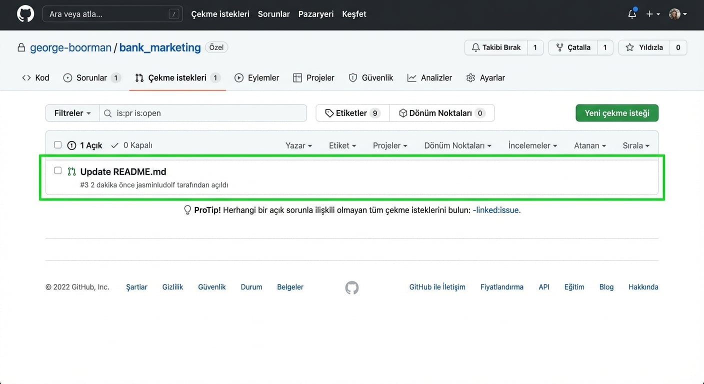 Tıkladığımız PR'ı vurgulayan PR sekmesinin depo sahibine görünümü