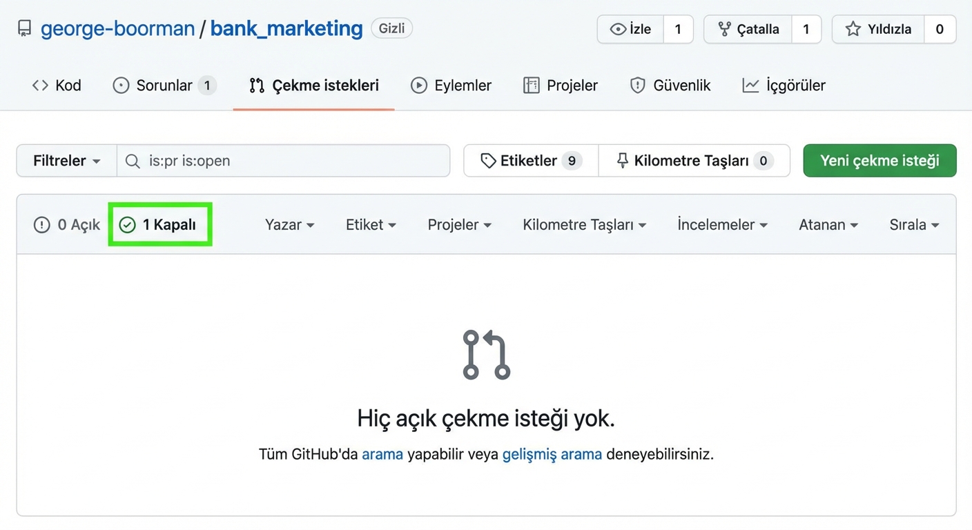 Depodaki PR'ları vurgulayan Çekme İstekleri sekmesi görünümü