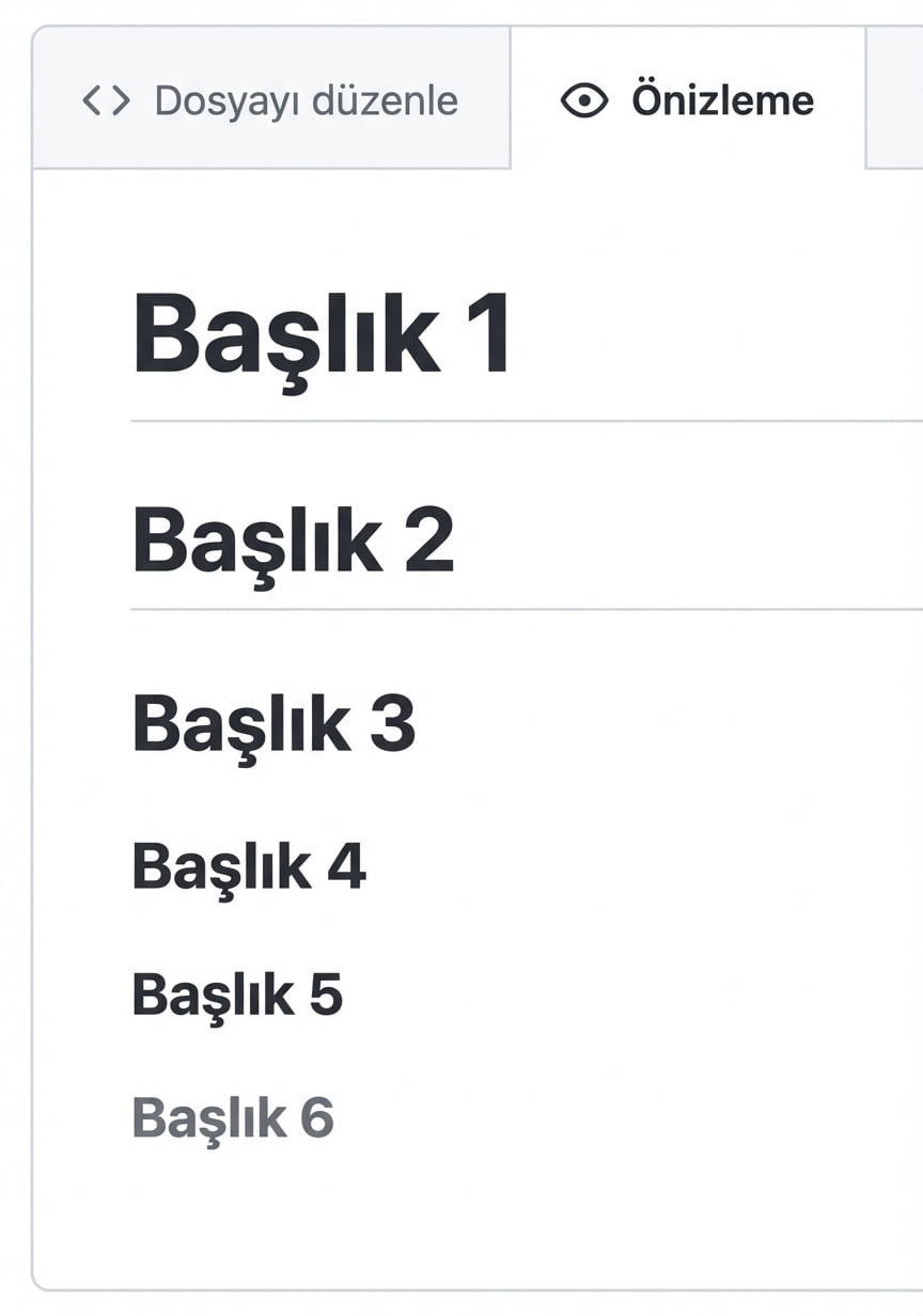 Altı başlık türünün tümünü içeren bir markdown dosyası önizleme görünümü