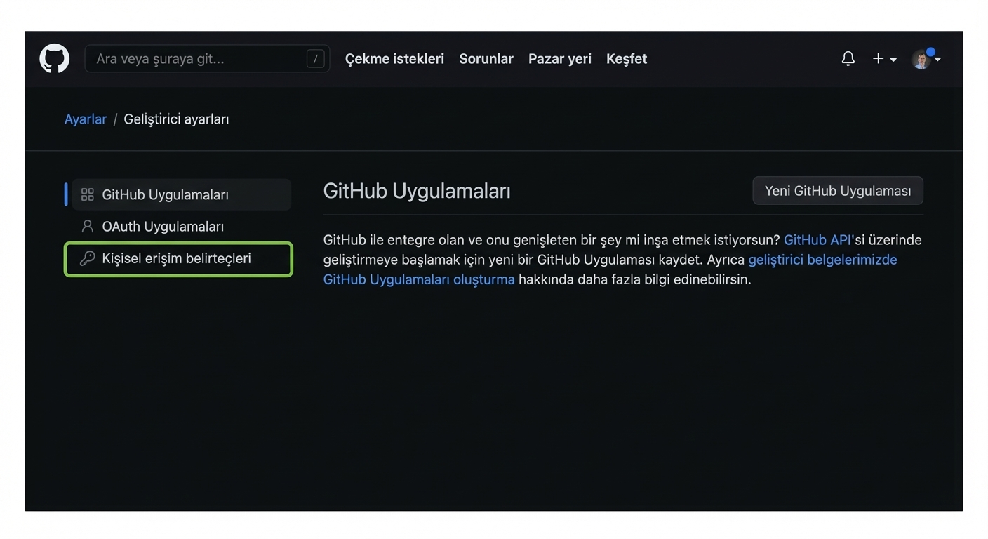 Geliştirici ayarları sayfası; üç seçenek: GitHub Apps, OAuth Apps ve Personal access tokens
