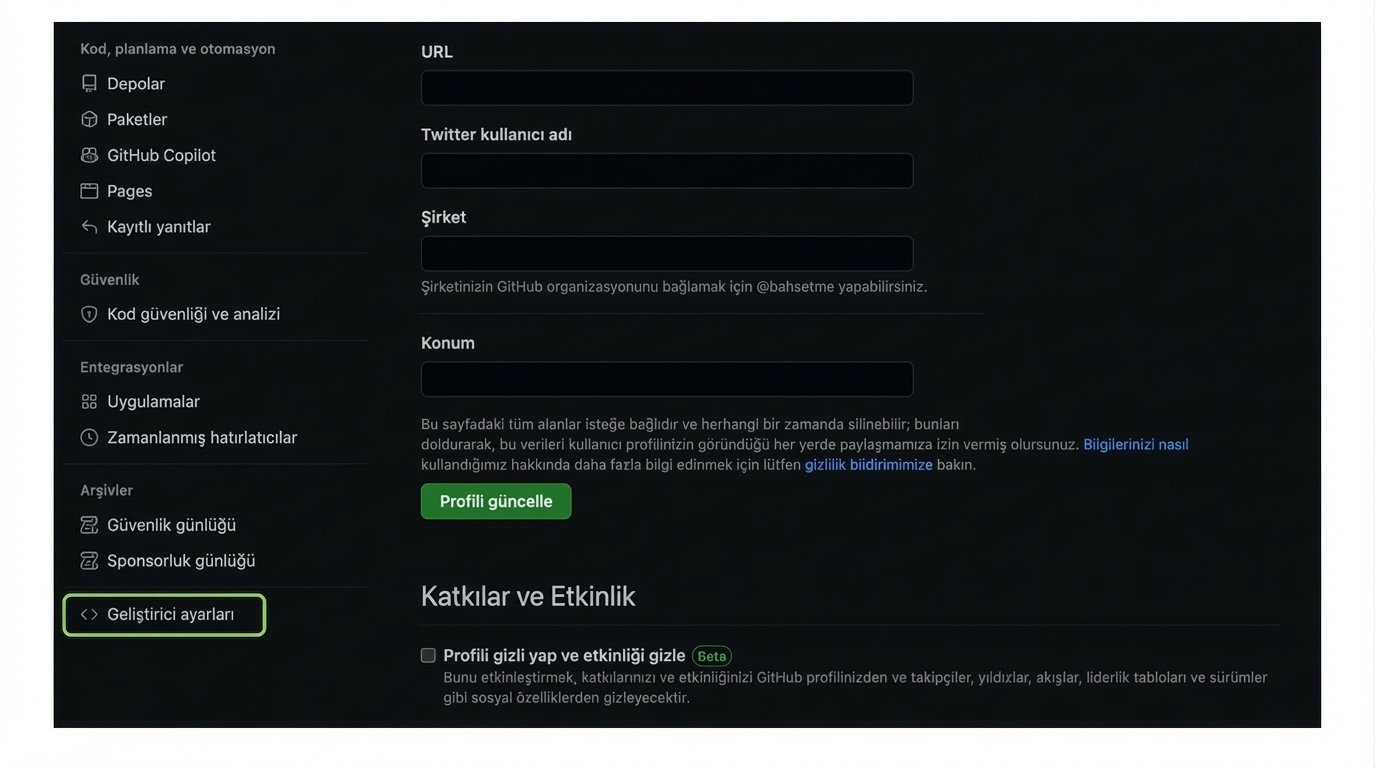 ayarlar sayfamızda Geliştirici ayarları