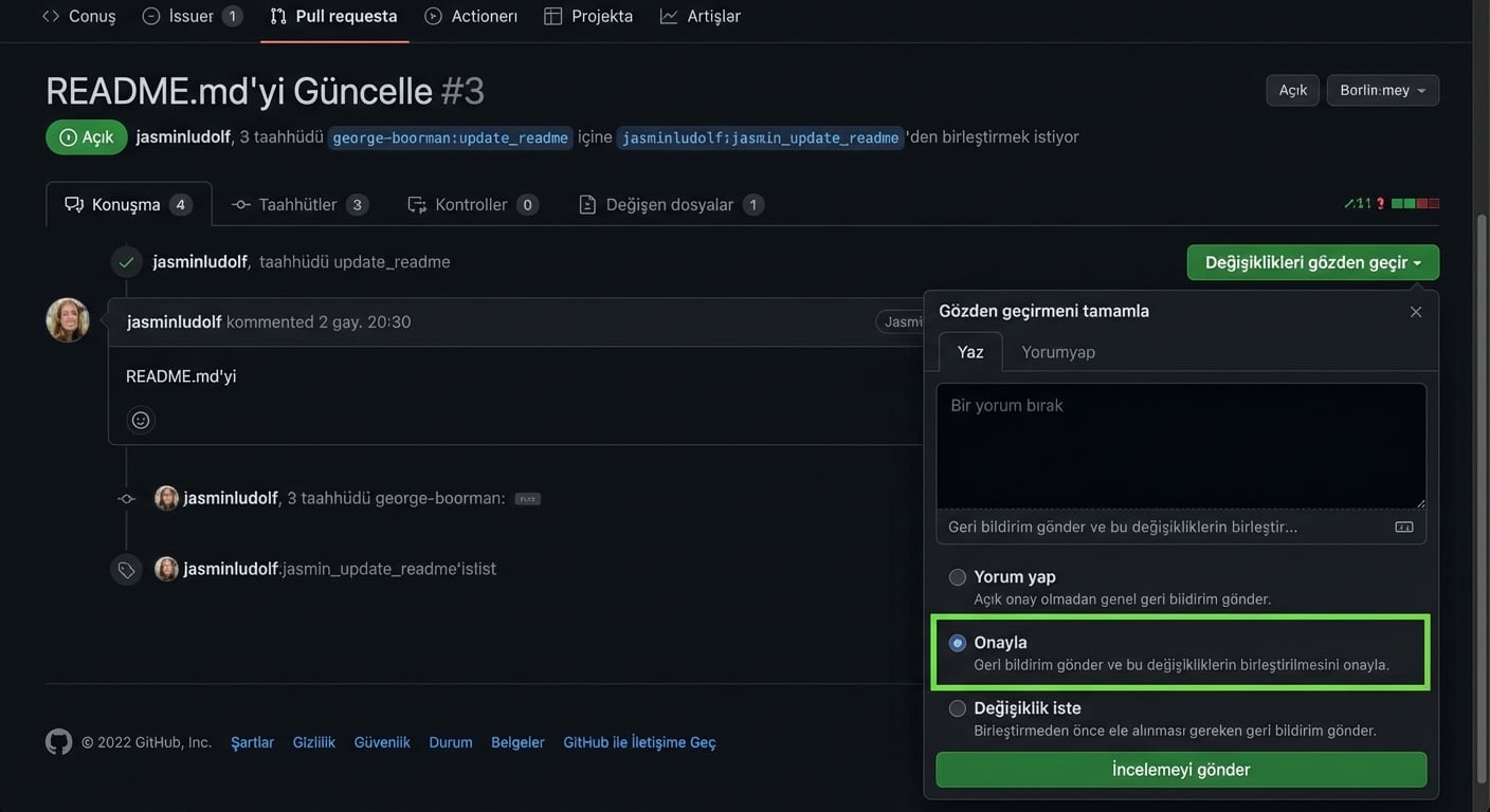 Onayla seçeneği vurgulanmış PR'ın depo sahibi görünümü