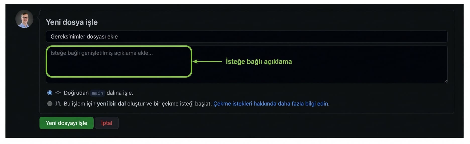 Opsiyonel geniş açıklama kutusu boş bırakılmış