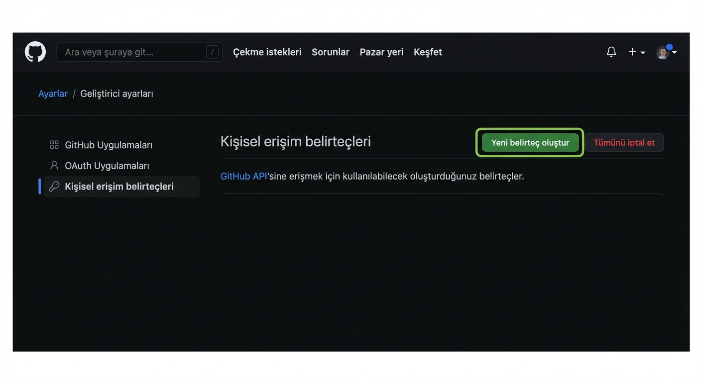 Kişisel erişim jetonları bölümü, Yeni jeton oluştur düğmesiyle