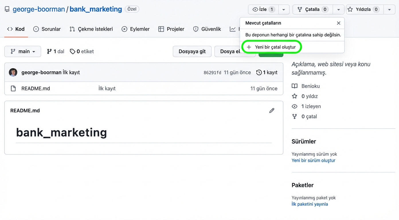 George Boorman’a ait bank marketing özel deposunun ana görünümü; fork menüsü açık ve Create new fork düğmesi vurgulanmış