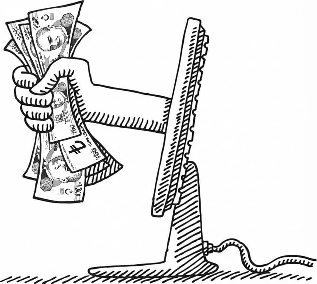 Bilgisayar ekranından para uzanan el