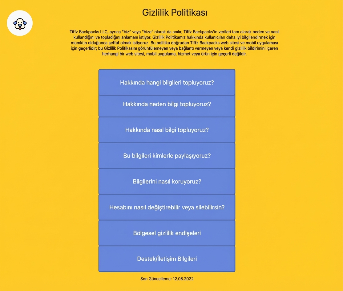 Tiffz Backpackz Gizlilik Politikası sayfası
