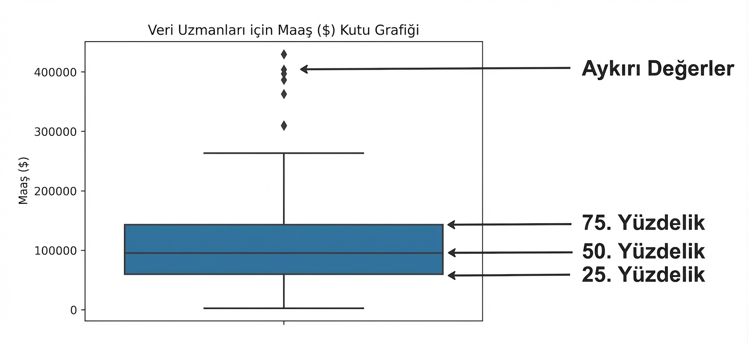 Veri profesyonellerinin maaşlarına ait kutu grafiği; kutunun altı %25, ortası %50, üstü %75 yüzdeliği gösterir; kutu dışındaki elmaslar aykırılardır