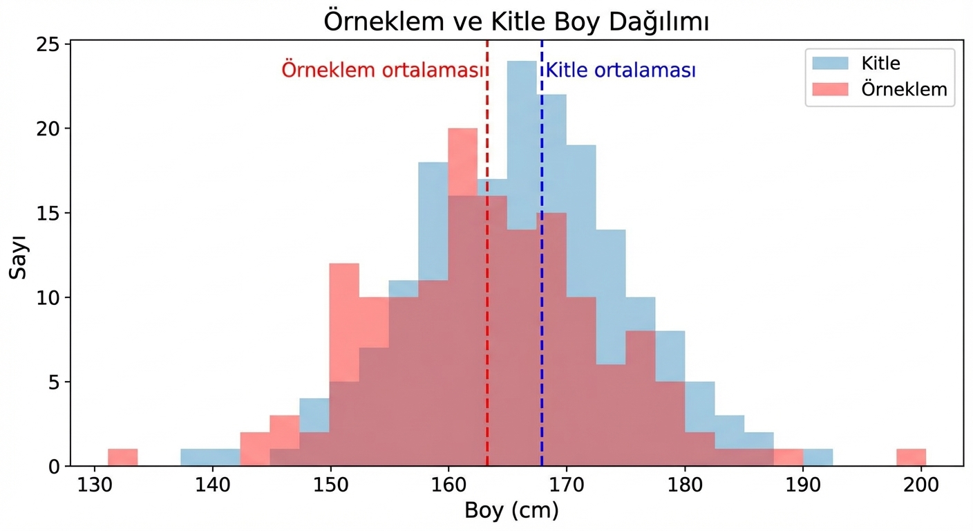 Örnek ile anakitle boy dağılımı: örneğin maksimumu ve ortalaması daha düşük