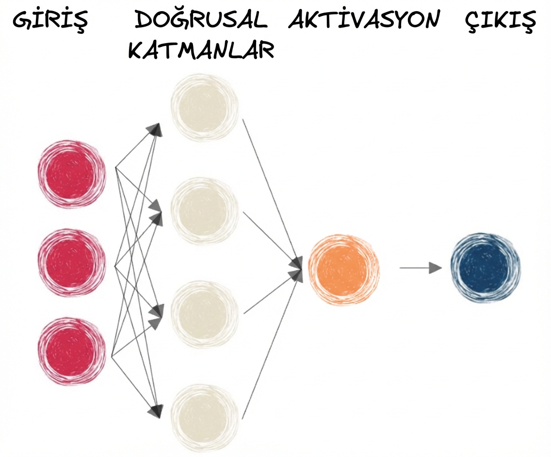 Doğrusal katmanlar ve bir aktivasyon fonksiyonu içeren bir sinir ağı diyagramı