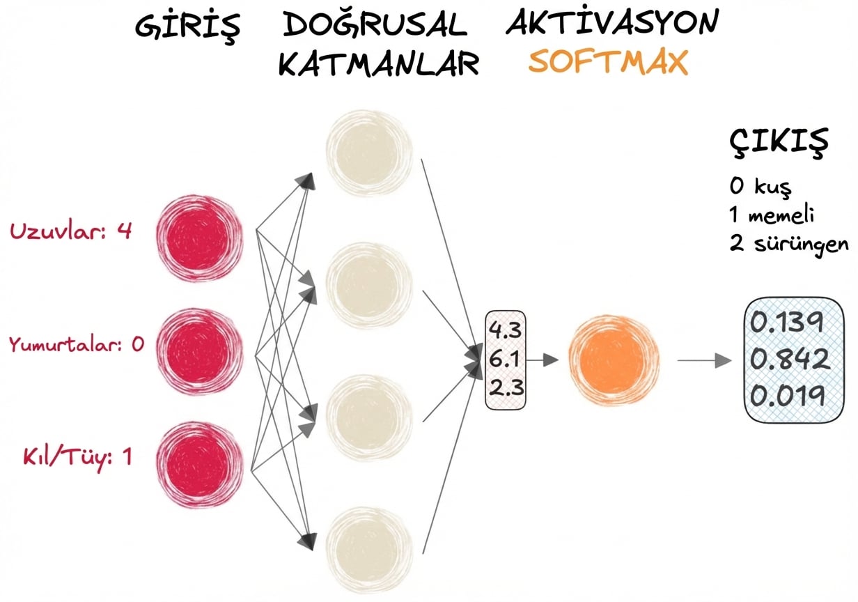 Girdileri, doğrusal katmanlara çıktı olarak bir vektörü, bir softmax aktivasyonu ve bir çıktıyı gösteren sinir ağı diyagramı
