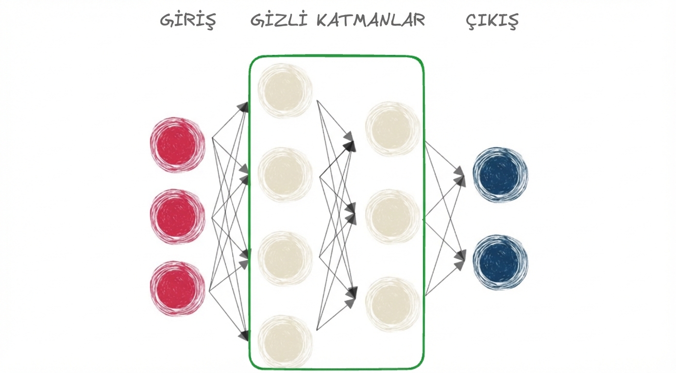 Girdi, gizli katman ve çıktısı olan bir sinir ağını gösteren diyagram