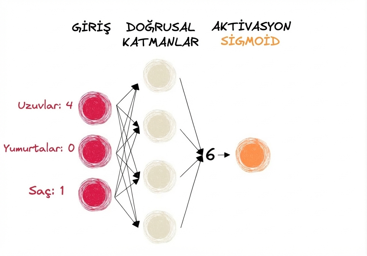 Girdileri, doğrusal katmanlara çıktı olarak 6 sayısını ve bir sigmoid aktivasyon fonksiyonunu gösteren sinir ağı diyagramı