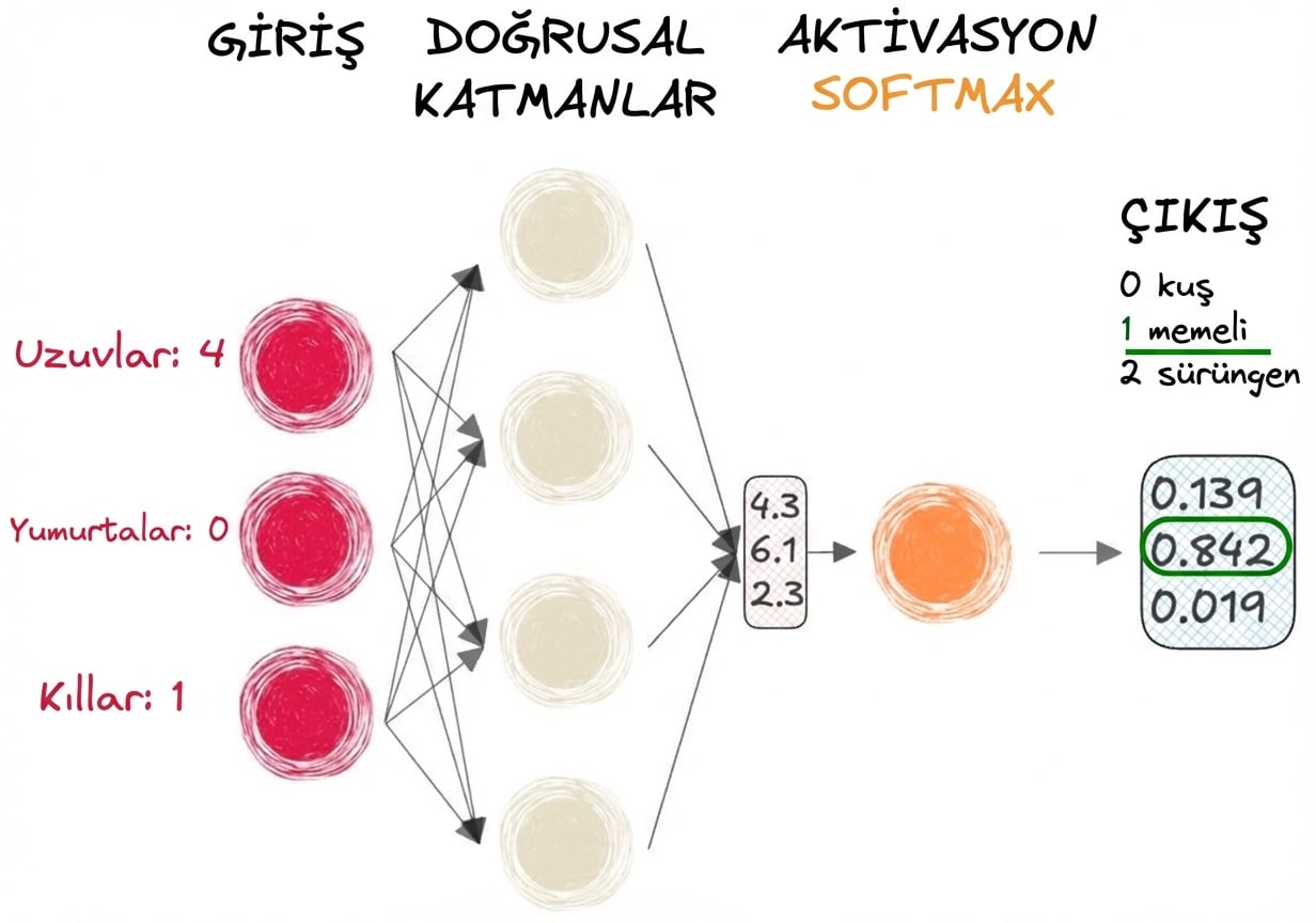 Girdileri, doğrusal katmanlara çıktı olarak bir vektörü, bir softmax aktivasyonu ve bir çıktıyı gösteren sinir ağı diyagramı