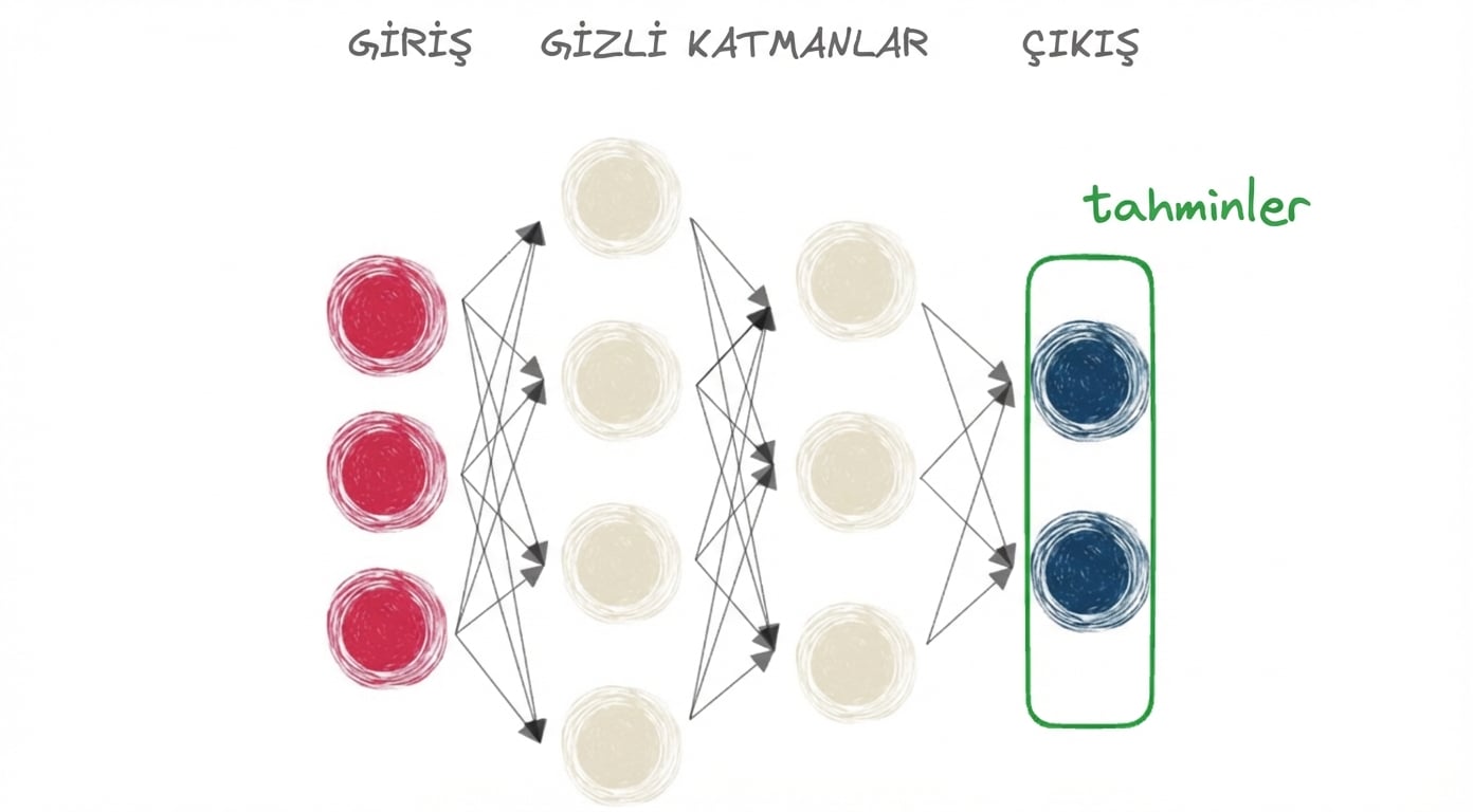 Girdi, gizli katman ve çıktısı olan bir sinir ağını gösteren diyagram