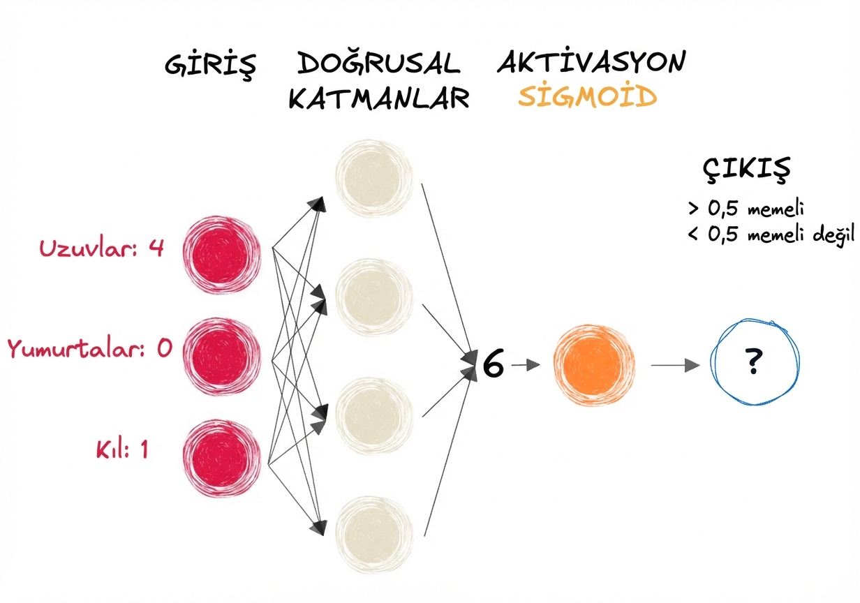 Girdileri, doğrusal katmanlara çıktı olarak 6 sayısını, bir sigmoid aktivasyon fonksiyonunu ve bir çıktıyı gösteren sinir ağı diyagramı