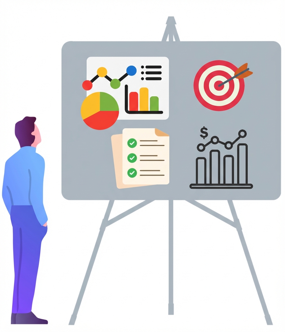 Grafikler ve hedeflerle dolu bir beyaz tahtaya bakan kişi.