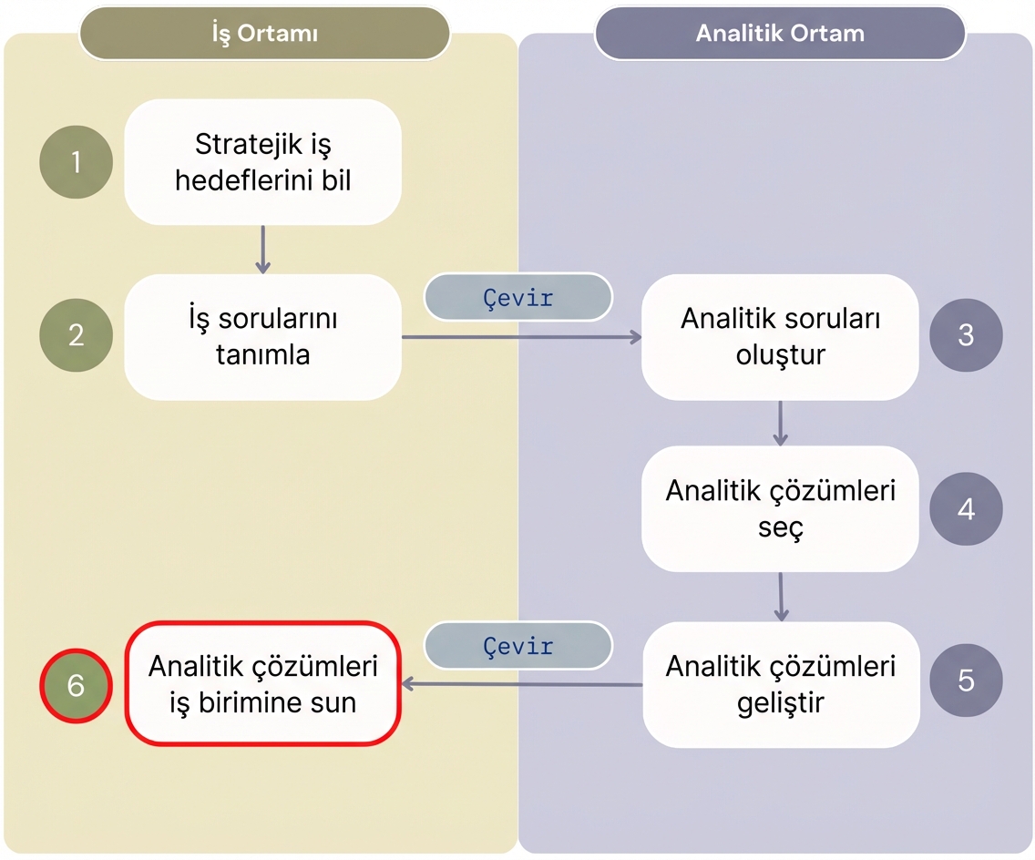 "Analitikten Değer" akışının altı adımının tamamını ve iş ortamı ile analitik ortamın ayrımını gösteren diyagram.