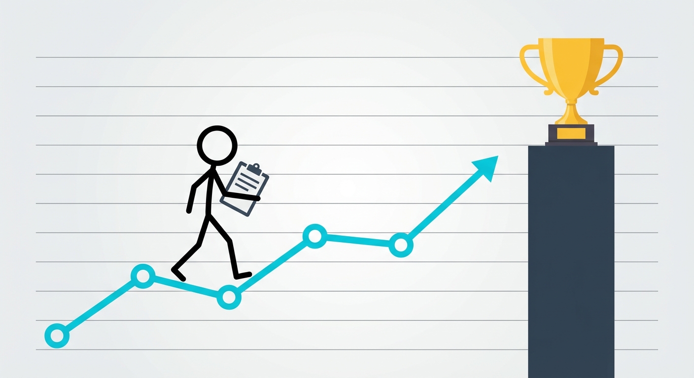 Yukarı yönlü çizgi grafiği; üzerinde analitik kağıdı tutan bir kişi, en üstte kupa olan çizgi boyunca yukarı yürüyor.