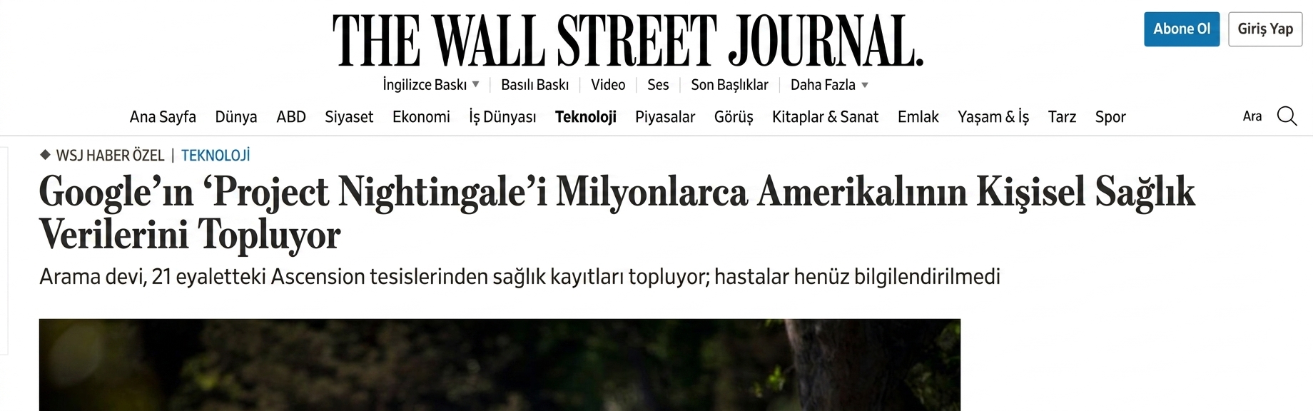 WSJ'in Google Project Nightingale ile ilgili haberinin ekran görüntüsü