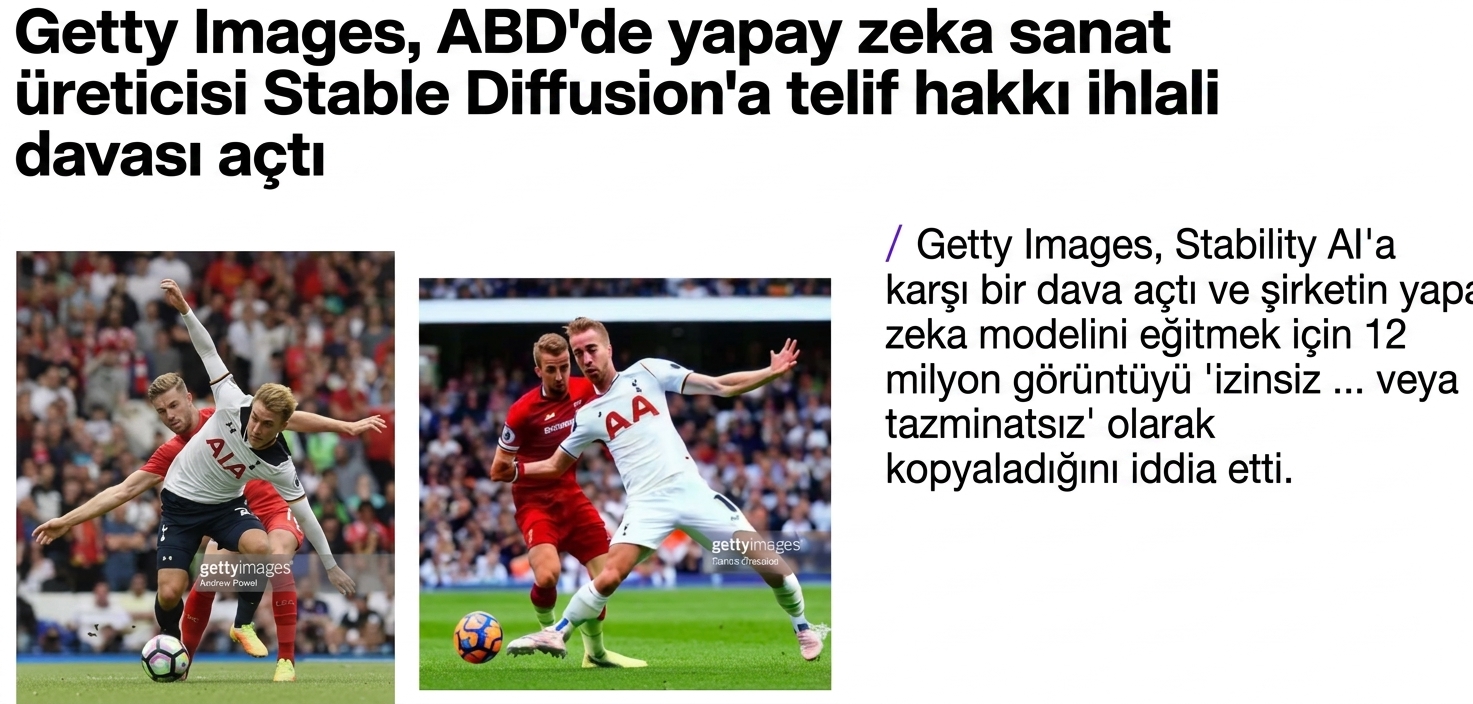 Orijinal bir fotoğraf ve Stable Diffusion tarafından üretilen benzer bir görüntüyü (Getty Images filigranıyla birlikte) gösteren bir örnekle birlikte Getty Images’ın açtığı davanın görüntüsü. Görsel: Getty Images