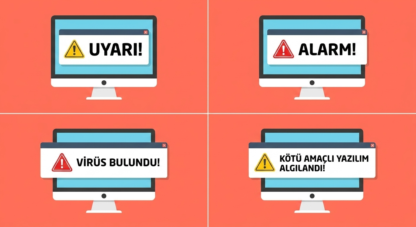 Uyarı, alarm, virüs bulundu, kötü amaçlı yazılım tespit edildi gibi çeşitli alarm işaretleri olan dört bilgisayarlı bir güvenlik ihlali çizimi.