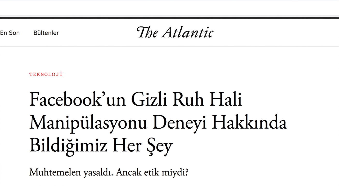 Facebook’un manipülatif sosyal deneyi hakkında Atlantic’te yayınlanan çevrimiçi bir makalenin ekran görüntüsü