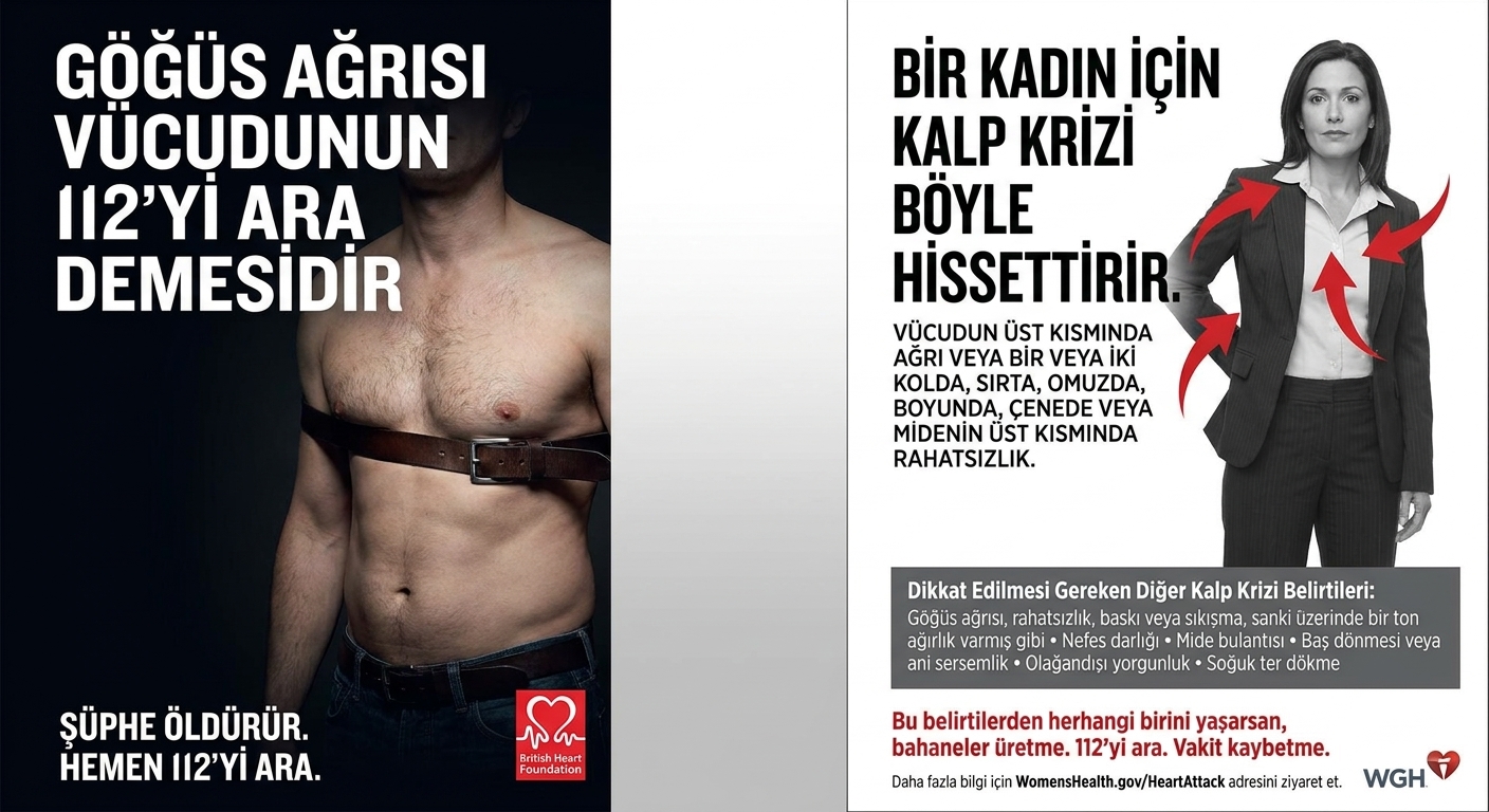 Göğsü sıkışan bir erkek ve sırt ağrısı olan bir kadın için kalp krizinin farklı semptomlarının gösterimi