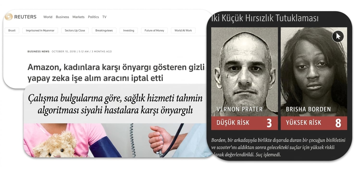 Yapay zeka algoritması ayrımcılığına ilişkin haberlerin ekran görüntülerinden oluşan bir kolaj