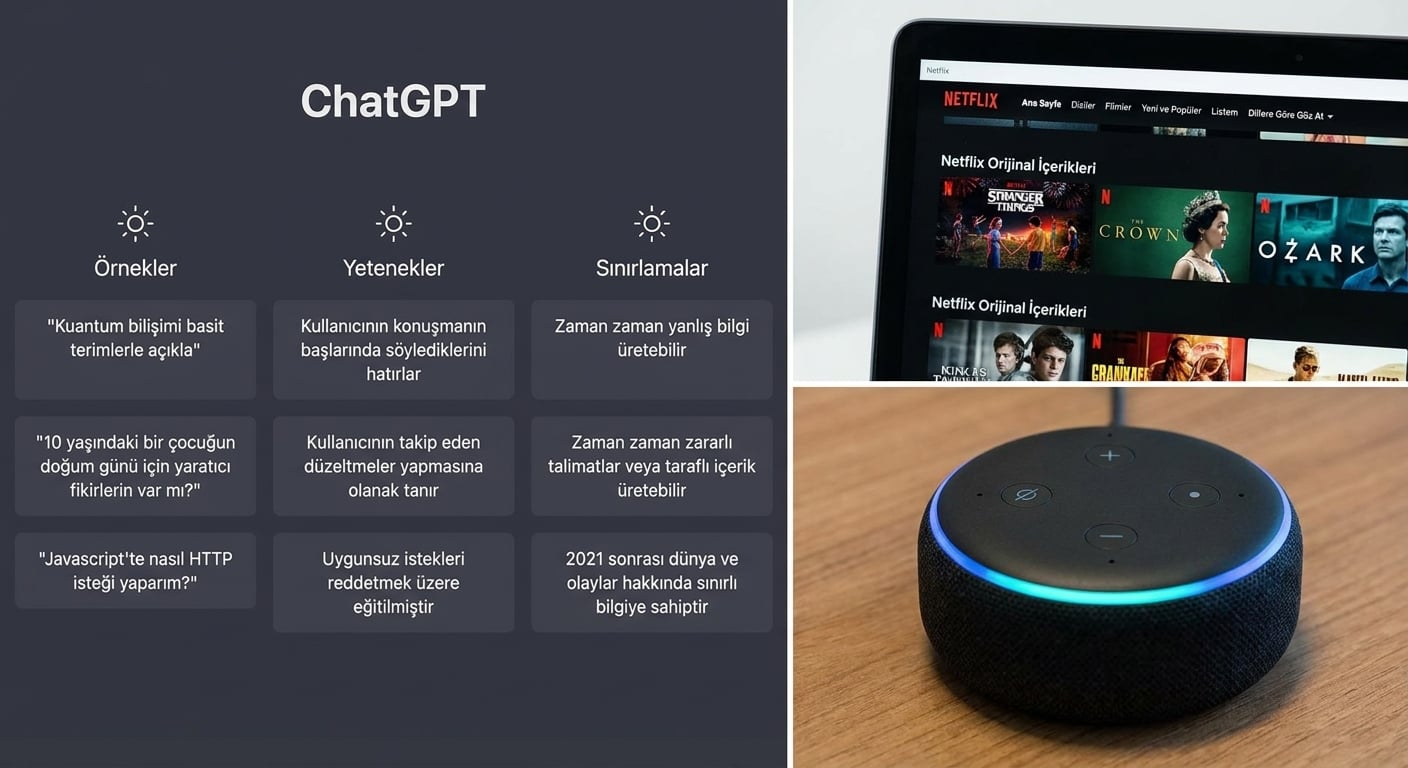 Sesli asistan konuşmacı, chatgpt ekran görüntüsü ve Netflix ana sayfa ekran görüntüsünden oluşan bir kolaj