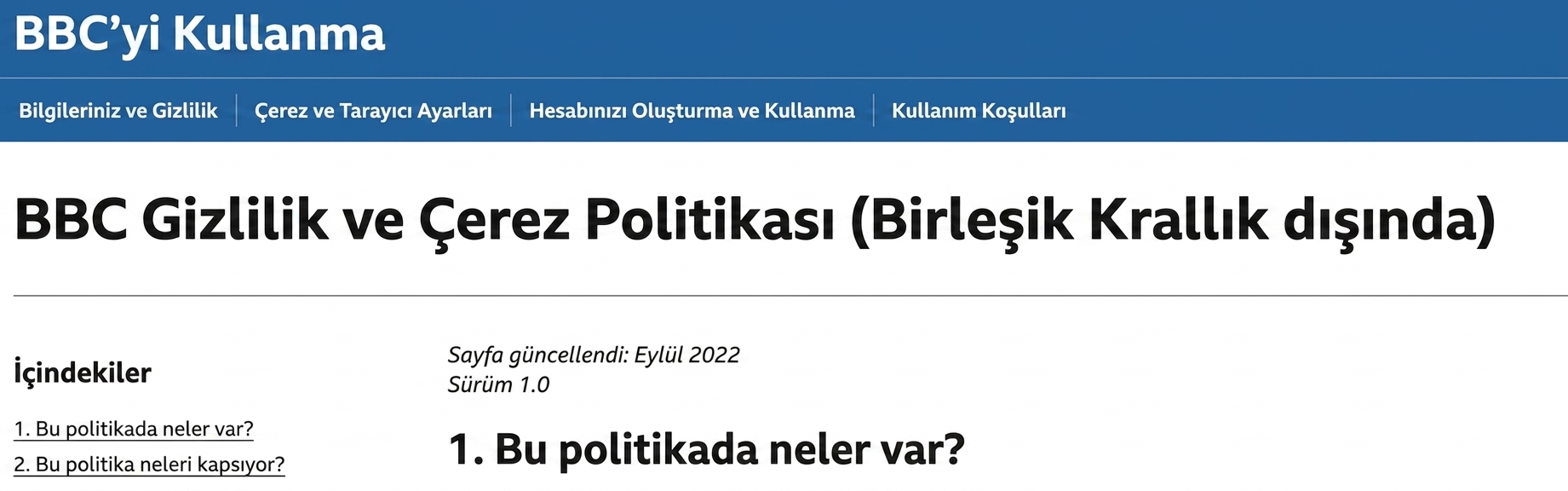 BBC gizlilik politikasının ekran görüntüsü