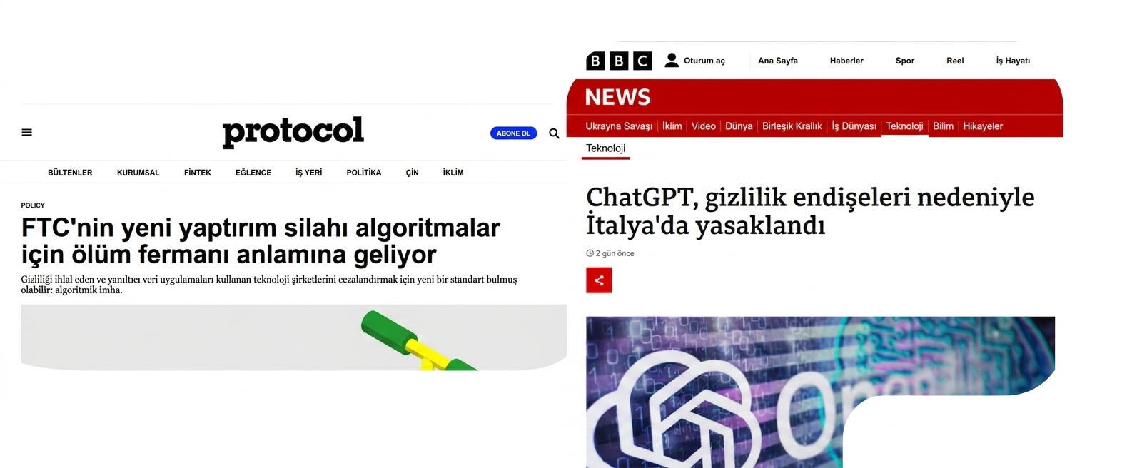 Amerikan FTC ve İtalyan yetkililerin ihmalkar veri uygulamaları nedeniyle şirketleri cezalandırdığını gösteren haberlerin ekran görüntüleri.