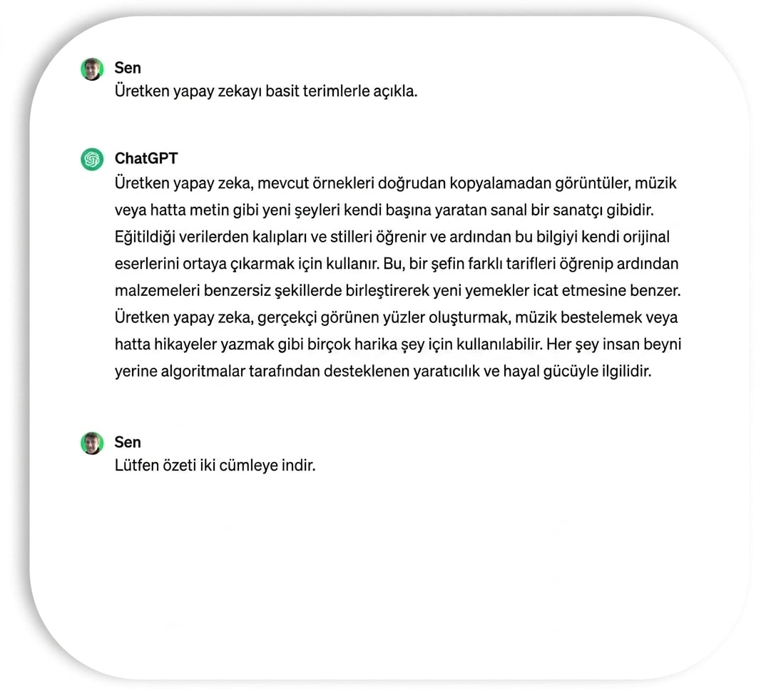 ChatGPT'ye özeti iki cümleye indirme talimatı.