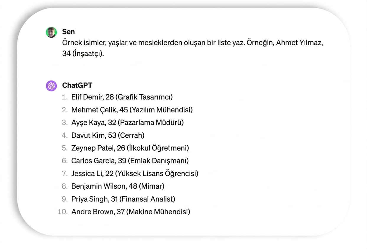 Örnek adlar ve meslekler için yönerge ve yanıt.