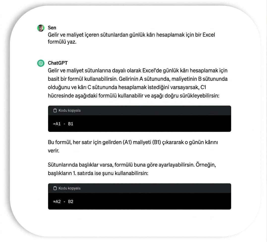 Excel çalışma kitabını yüklemek için ChatGPT'nin Python kodu üretmesine bir örnek.