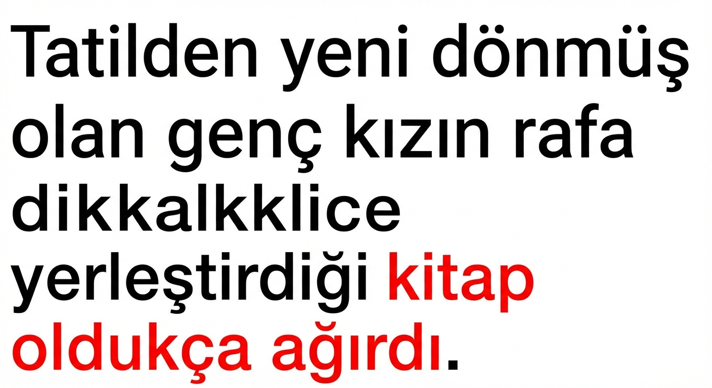 Uzun menzilli bağımlılığa bir örnek: "Tatilinden yeni dönen genç kızın dikkatlice rafa koyduğu kitap oldukça ağırdı."