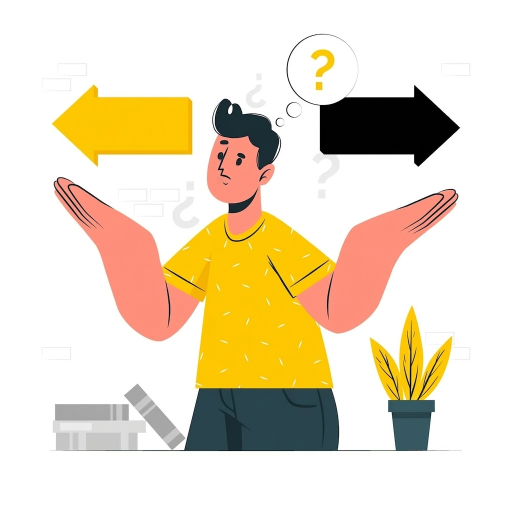 Zıt yönlere bakan iki ok ve başında soru işareti olan bir kişiyi gösteren illüstrasyon.