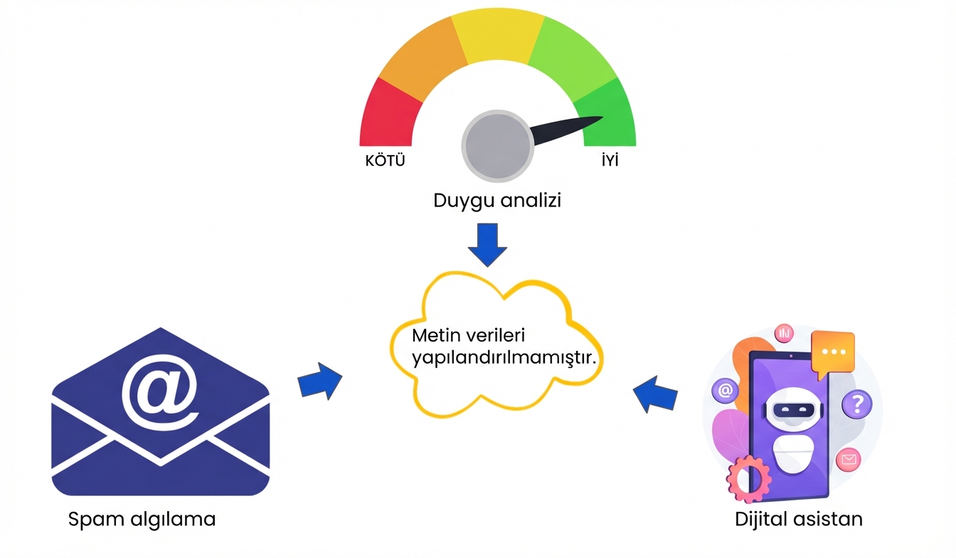 Duygu analizi, spam tespiti ve dijital asistanları gösteren bir görsel
