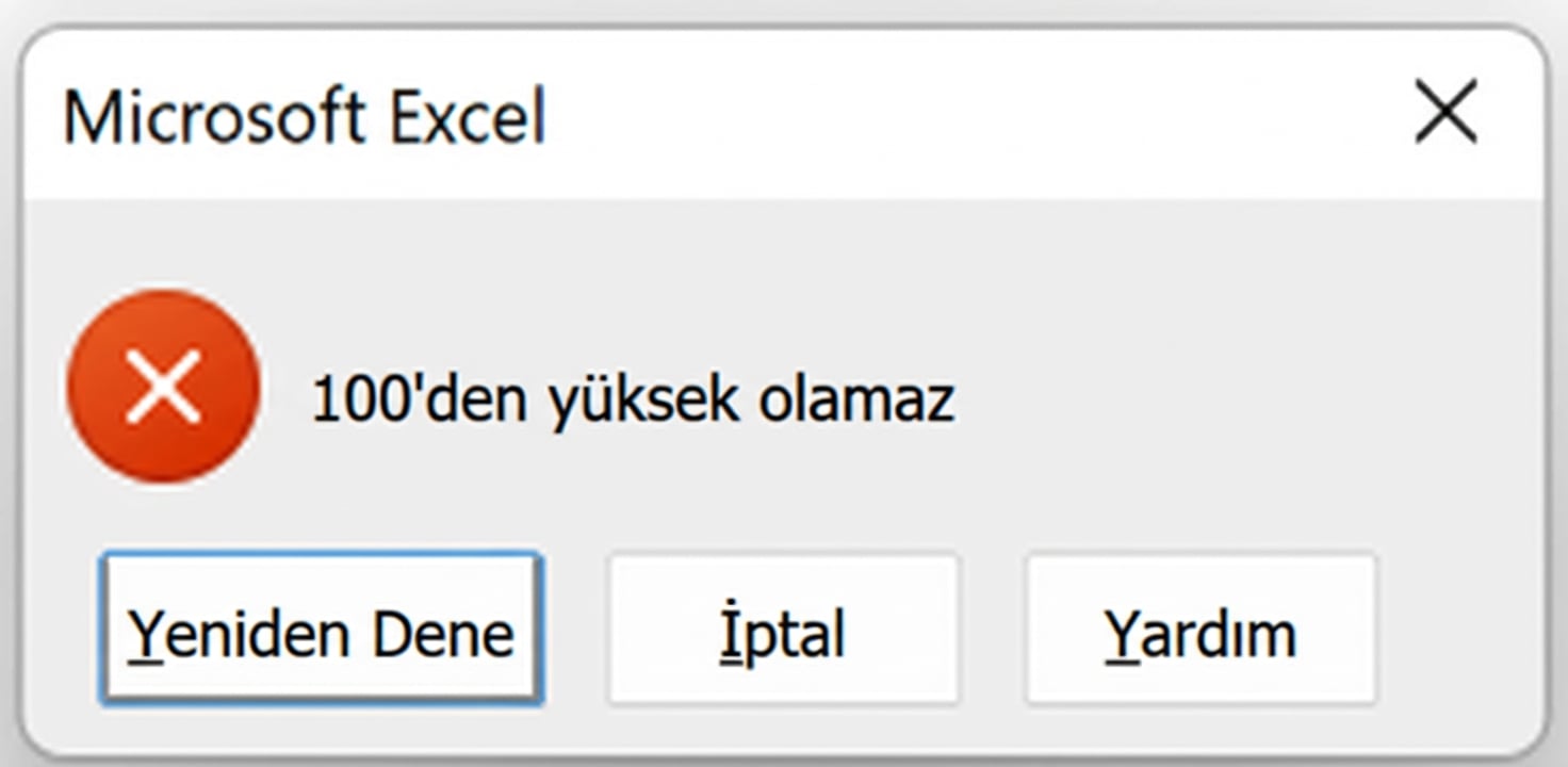 Örnek bir veri kümesinde test puanı sütununa yalnızca 0 ile 100 arasındaki değerleri kabul eden veri doğrulama kuralı örneği.