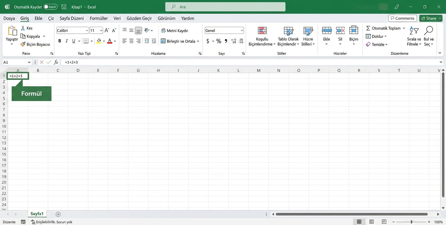 Bir formülü vurgulayan Excel dosyası