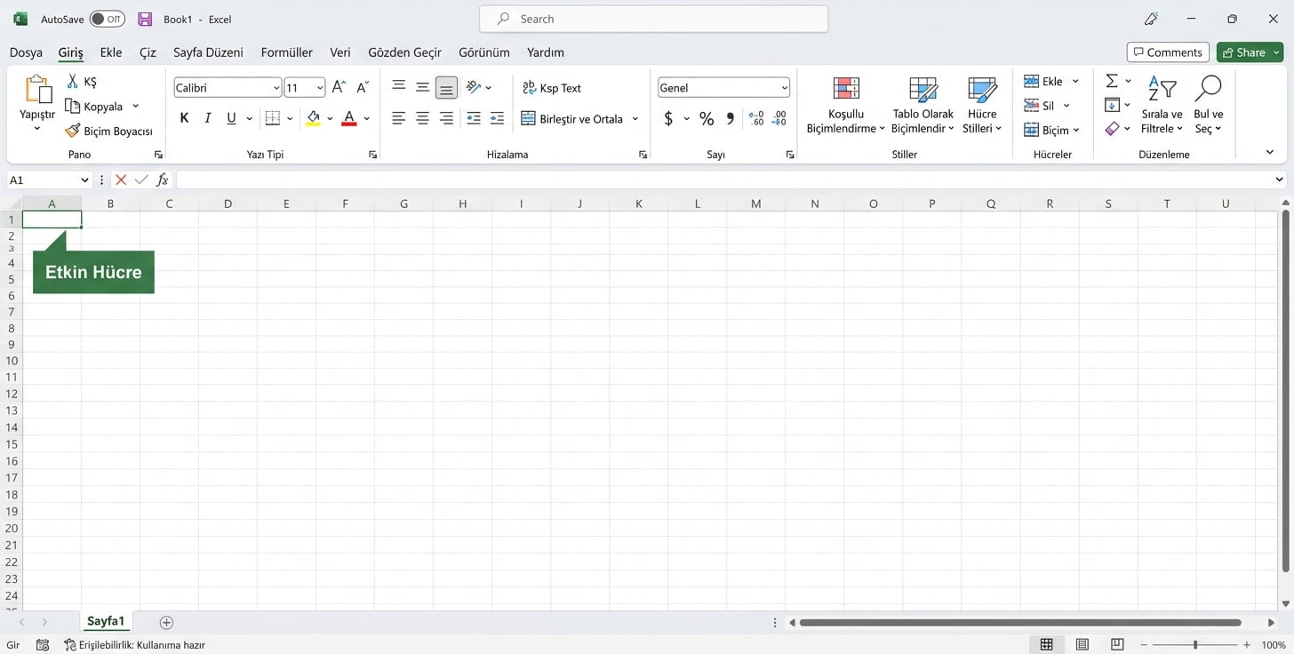 Etkin hücreyi vurgulayan Excel dosyası