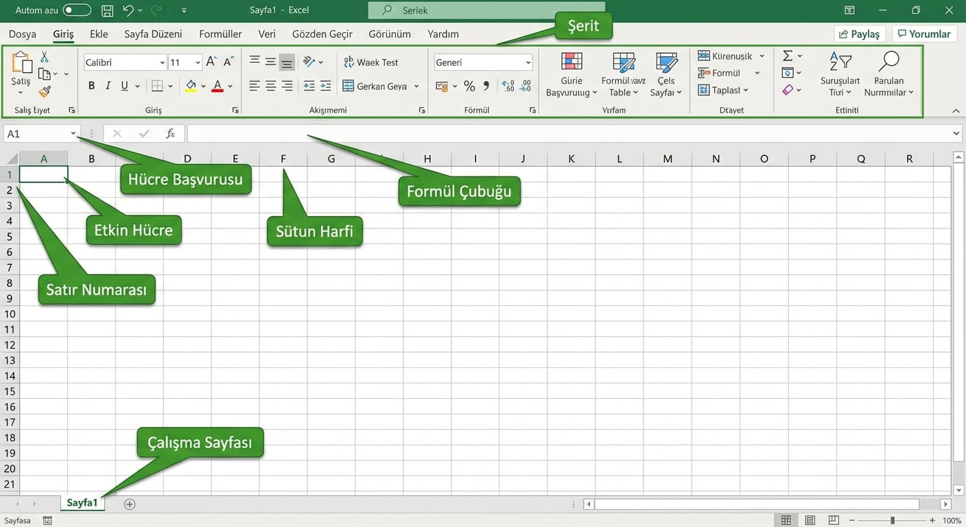 Excel arayüzünün ekran görüntüsü